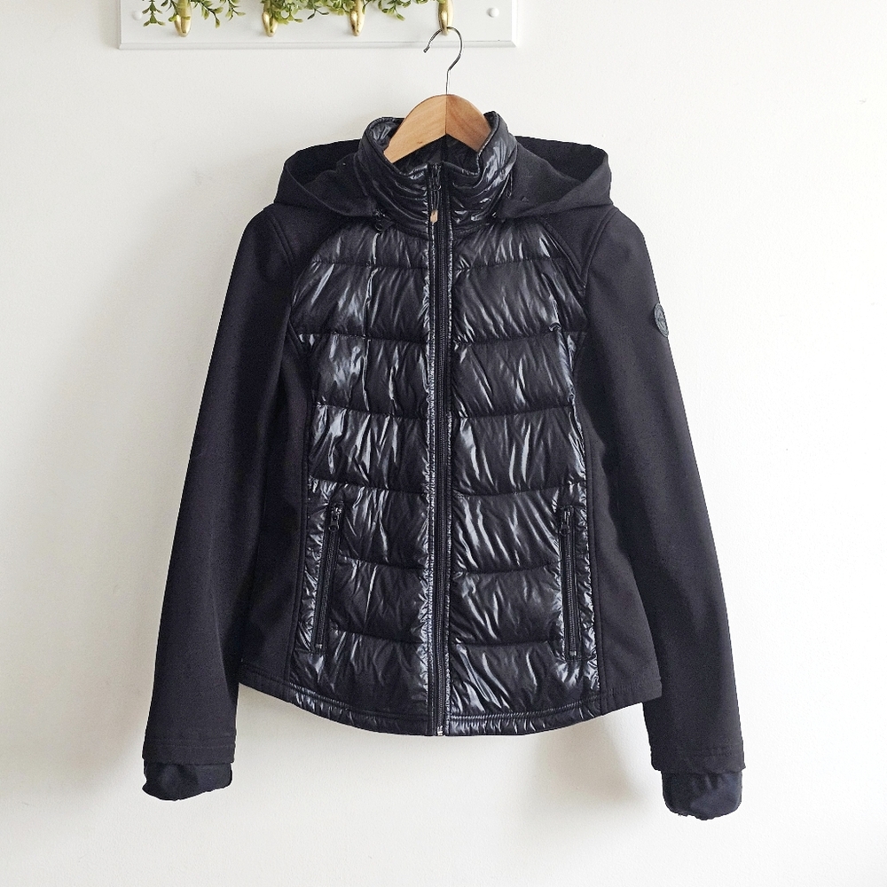 Halifax Traders Black Hybrid Down Puffer Jacket Hooded Thumbhole Cuffs M